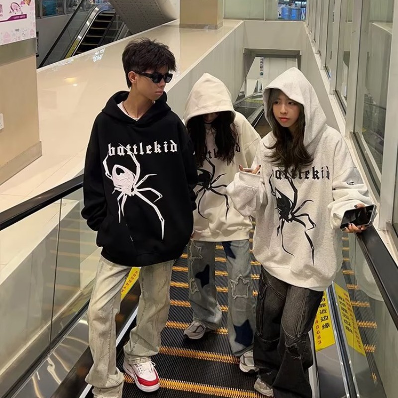 Đen Áo Khoác Hoodie Dáng Rộng In Hình Nhện Cá Tính Cho Cặp Đôi