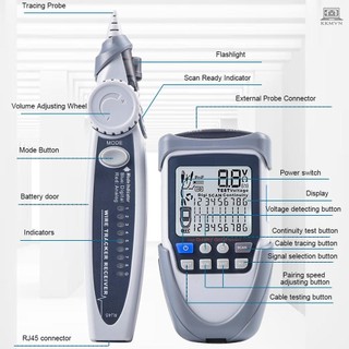 Handheld Portable Network Cable Tester LCD Large Screen Display Digital Wire Trackers Continuity Battery Voltage Polarity Checking POE Test Multi-function Cable Tester with Flashlight
