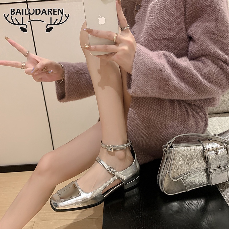 BAILUDAREN. Giày Búp Bê Gót Dày Mũi Vuông Khoét Rỗng Đính Nút Màu Bạc Thời Trang Mới Cho Nữ mary jane