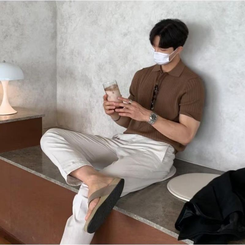 Áo Thun polo Dệt Kim Tay Ngắn Dáng Rộng Màu Sắc Đơn Giản Phong Cách hong kong Thời Trang Mùa Hè Cho Nam