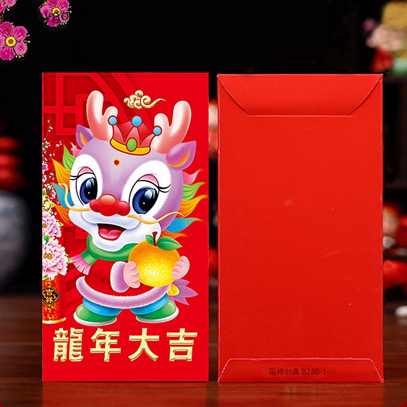 Set 5 Bao Lì Xì Đỏ Hình Rồng Hoạt Hình Trung Hoa 2024 cny Trang Trí Năm Mới 2024