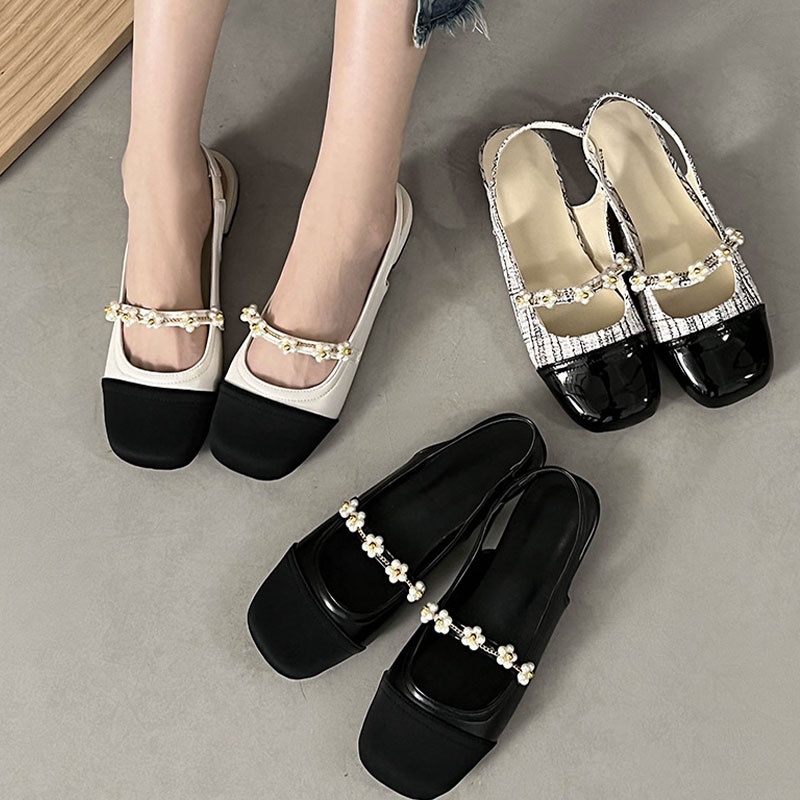 Qinos Sandal Mũi Vuông Hở Lưng Đính Ngọc Trai Phong Cách Hàn Quốc