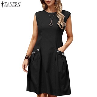Zanzea Đầm Nữ Cộc Tay Cổ Tròn Có Túi Thời Trang vintage