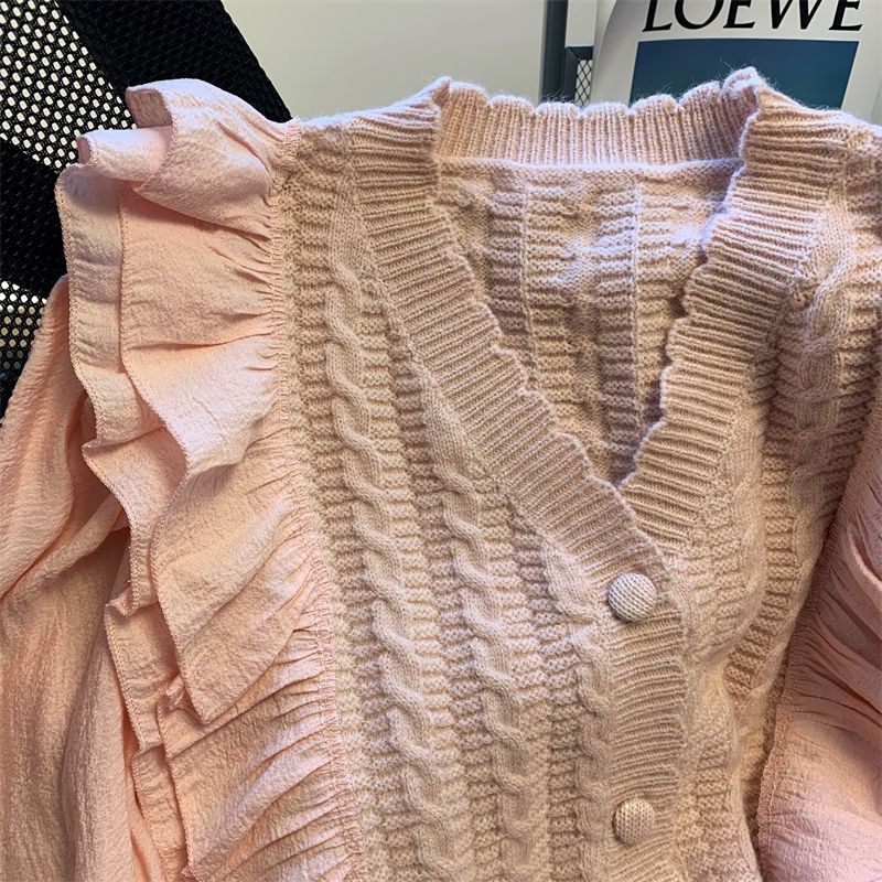 Áo Khoác cardigan Dệt Kim Phối Voan Nhún Bèo Ngọt Ngào Thời Trang Cao Cấp