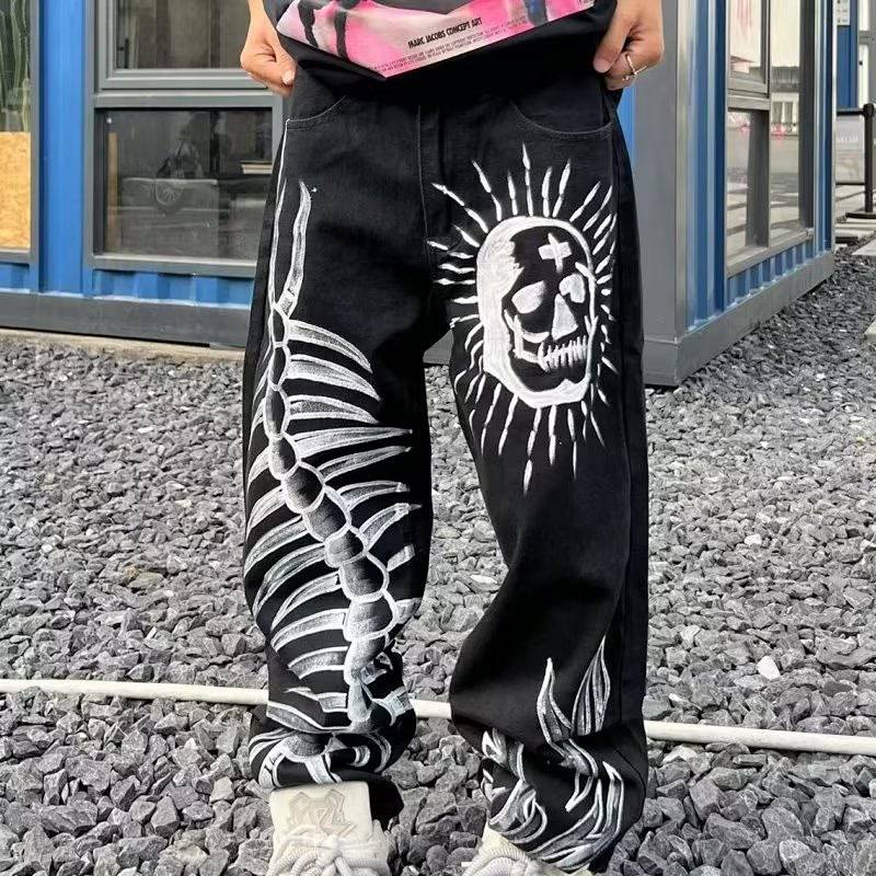 Graffiti Skull Personality Printed Jeans Men and Women New Ins Street Trend Hip Hop Straight Loose Pants GXnC