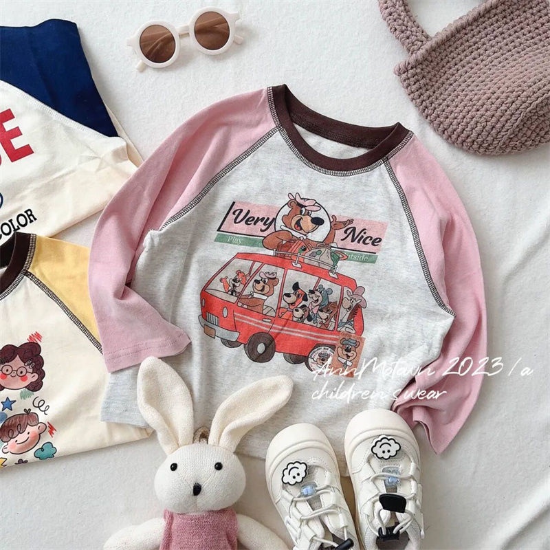 Áo Thun cotton Tay Dài Màu Tương Phản Thời Trang Xuân Thu 2023 Cho Bé Gái