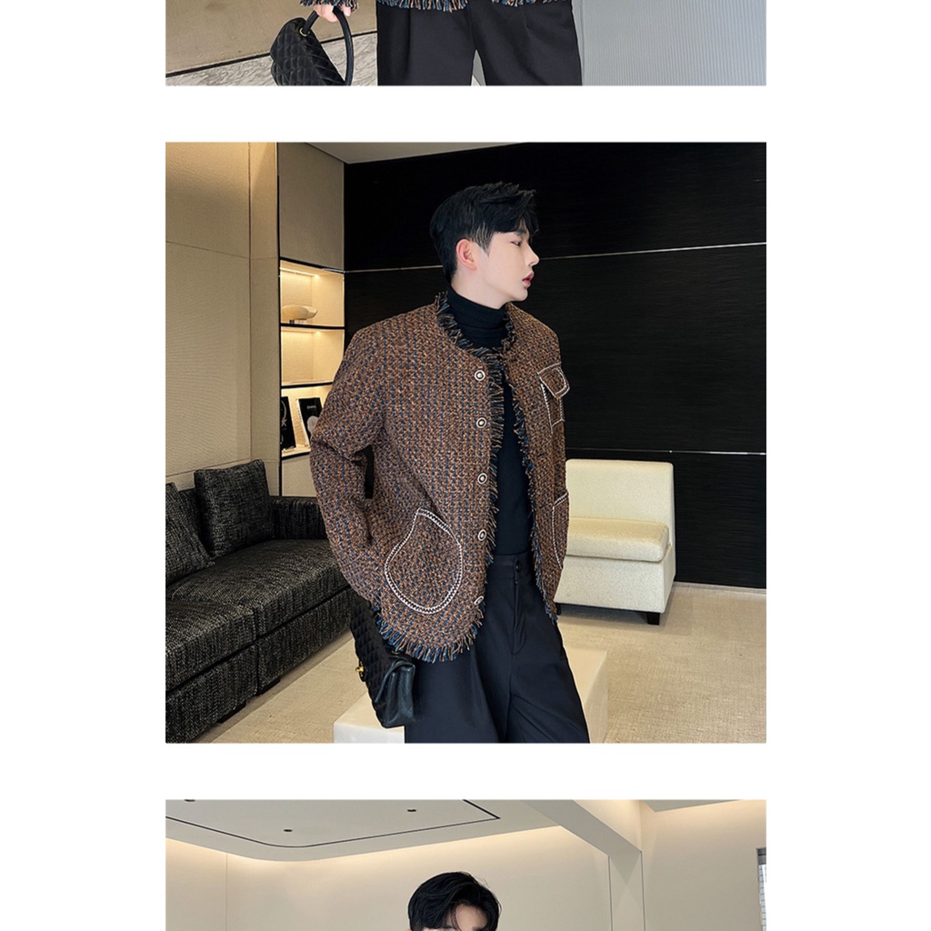 Tweed Áo Khoác blazer Vải Dệt Cổ Tròn Phối Tua Rua Và Nút Kim Loại Màu Nâu / Xanh Dương Hợp Thời Trang Cho Nam