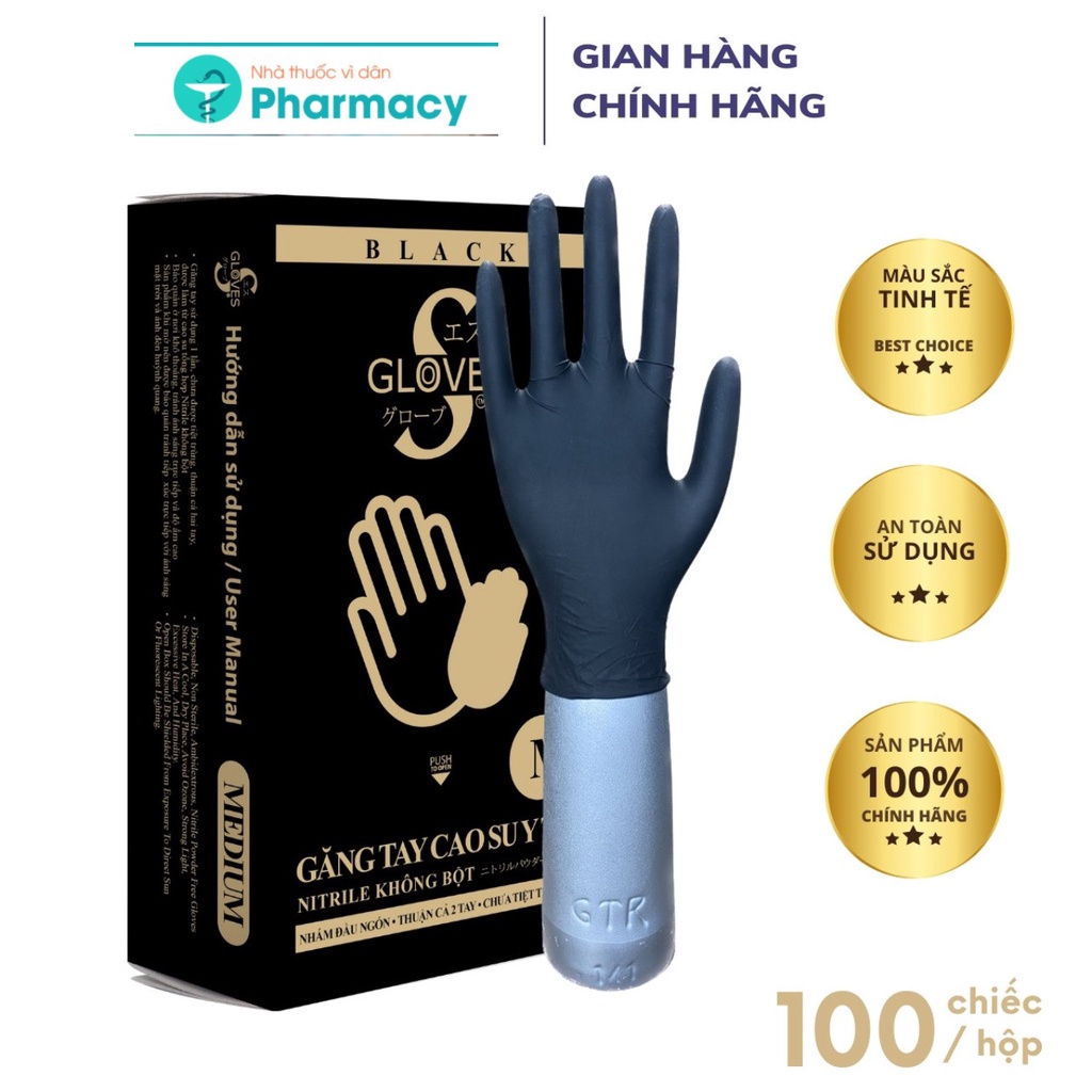 Găng tay cao su y tế màu đen nitrile không bột Sgloves hộp 100 chiếc