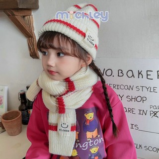 Michley set mũ len và khăn choàng cổ dày dặn họa tiết mặt cười thời trang thu đông cho bé ốp