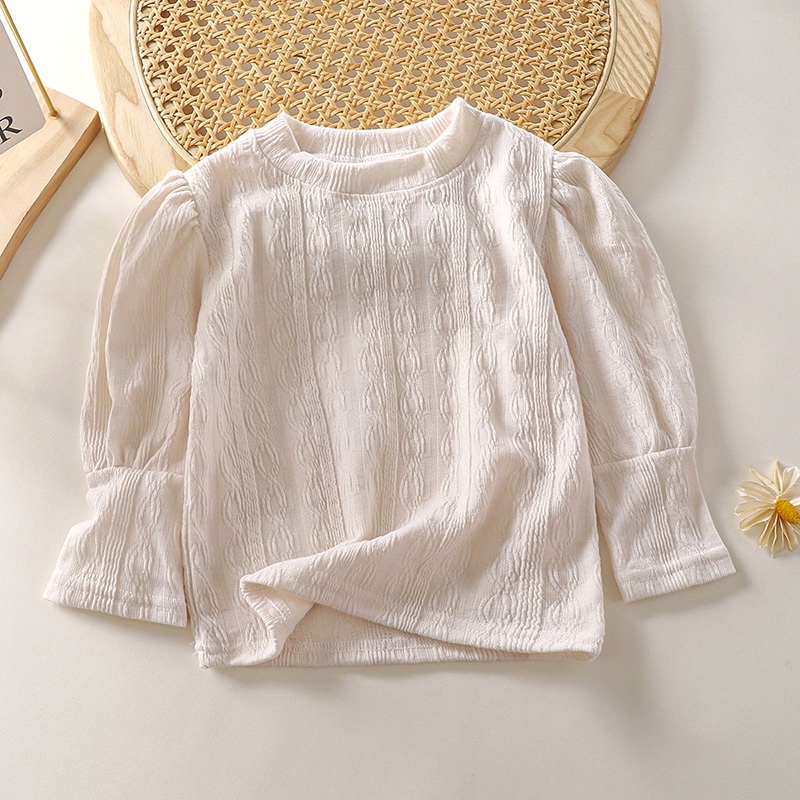 Áo Thun Tay Phồng Dài Cổ Tròn Màu Trơn Thời Trang Xuân Thu Phong Cách Hàn Quốc Cho Bé Gái 3-7 Tuổi