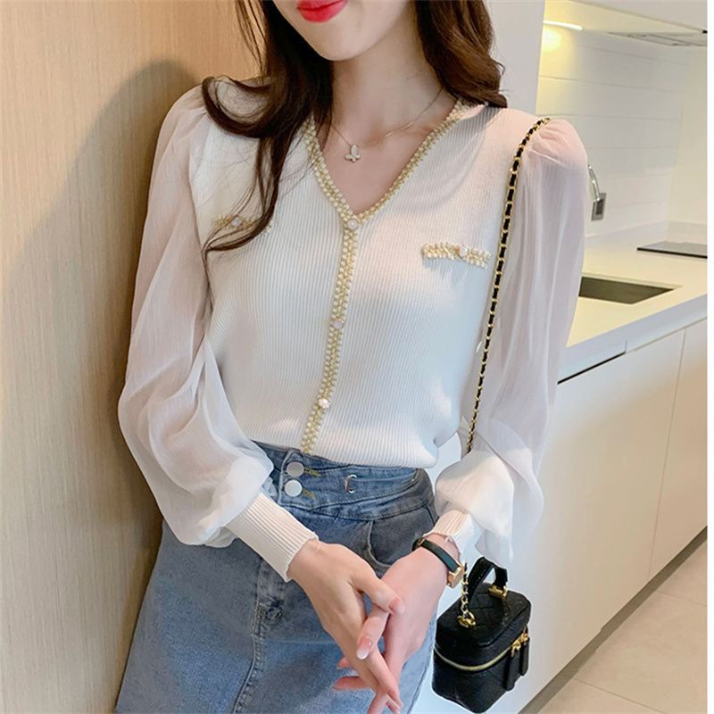 Áo chiffon Dệt Kim Tay Phồng Dáng Rộng Phong Cách Pháp Thời Trang Cho Nữ