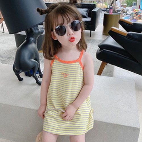 90-140cm Ice Silk Ribbed Mùa Hè Phong Cách Mỏng Bé Gái Bé Gái Trẻ Em Không Tay Sling Dễ Thương Giữa Chiều Dài Kẹo Đầm Sling Màu