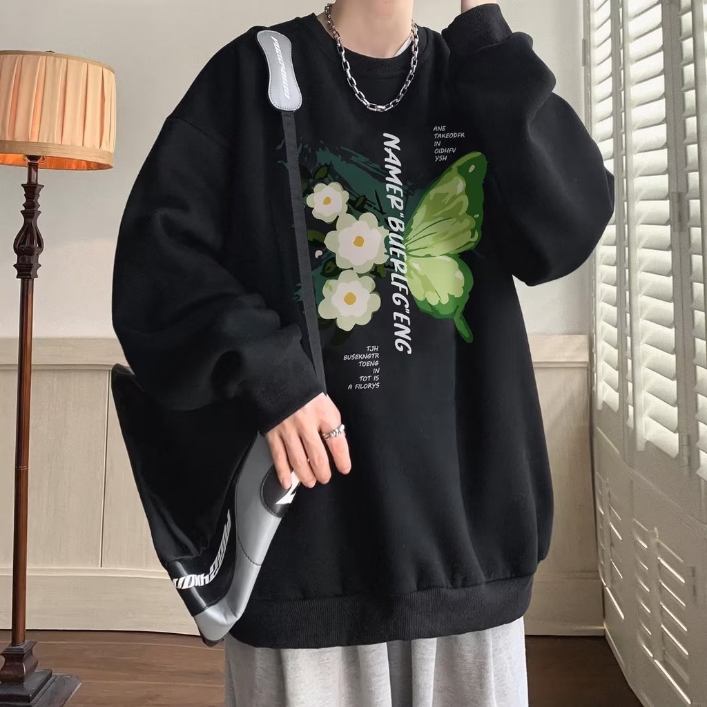 Áo Sweater cotton Tay Dài Dáng Rộng In Họa Tiết Hoa & Bướm Phong Cách Mỹ Cổ Điển Thời Trang Cho Nam Và Nữ size m-5xl