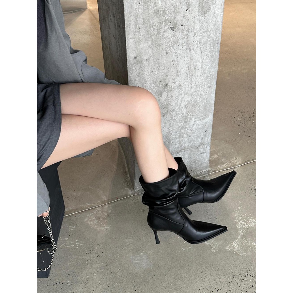 Giày Bốt Cao Gót Mũi Nhọn Xếp Ly Tự Nhiên Thời Trang Âu Mỹ Mùa Thu Đông 2023