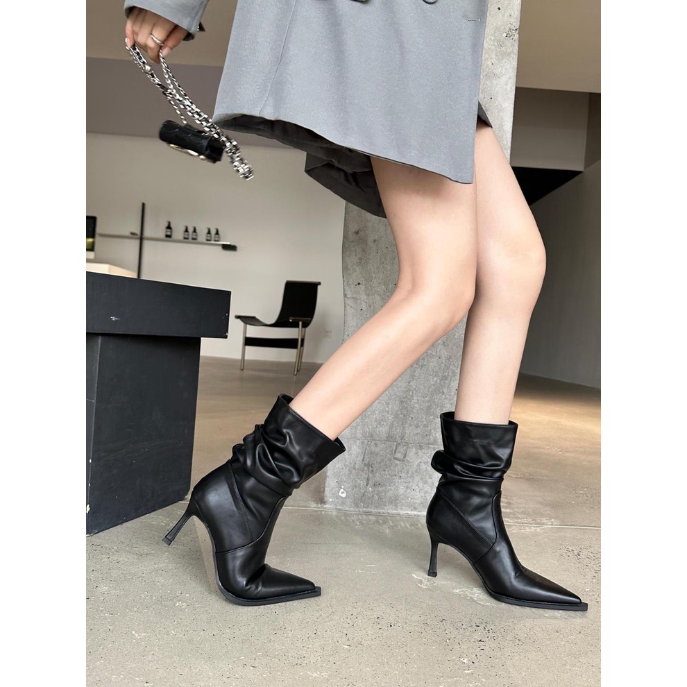 Giày Bốt Cao Gót Mũi Nhọn Xếp Ly Tự Nhiên Thời Trang Âu Mỹ Mùa Thu Đông 2023