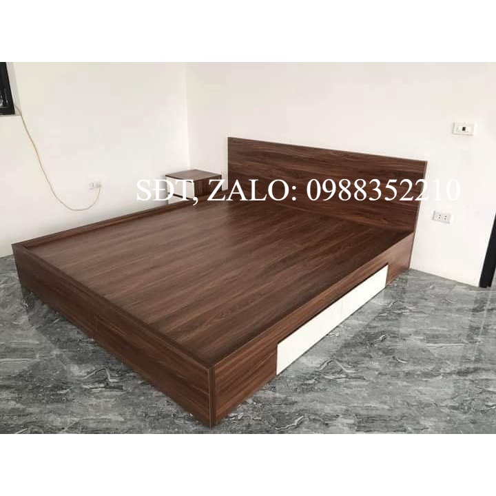 Giường ngủ gỗ công nghiệp - 1m2 x2m  (có ngăn kéo và kèm 2 chỉ trắng)