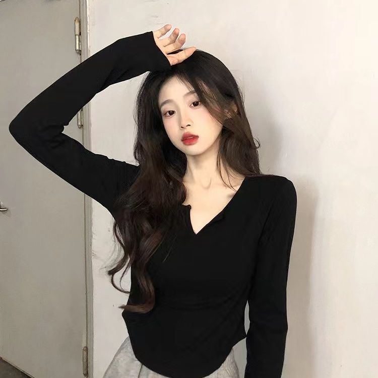 Áo Thun Nữ Tay Dài Cổ Chữ v Màu Trơn