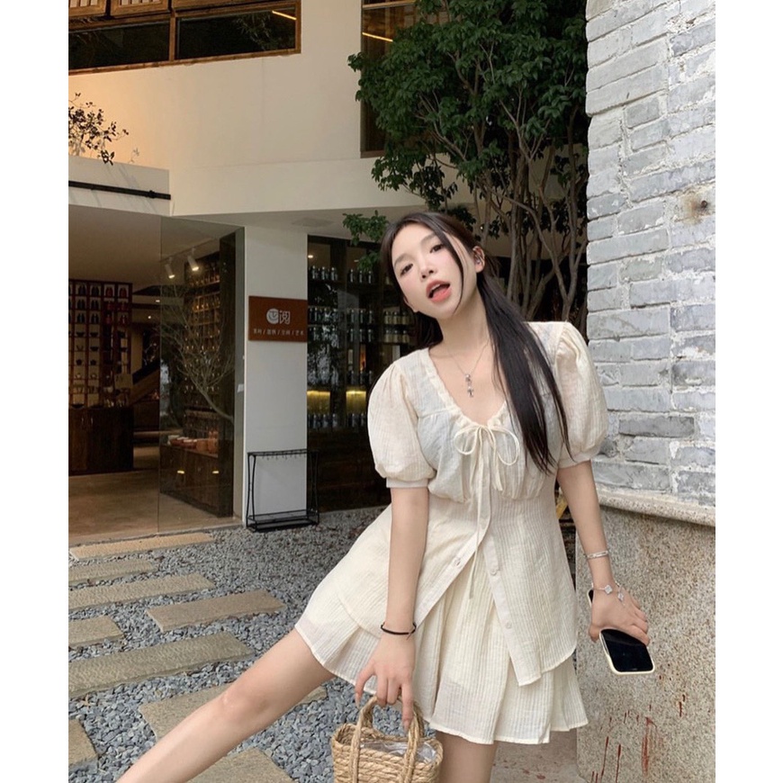 SET ÁO NUDE CỔ V THẮT NƠ + SHORT