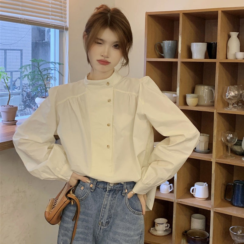 Áo Sơ Mi Cổ Đứng Tay Dài Dáng Rộng Phong Cách Pháp Thời Trang Mùa Thu 2023 Cho Nữ