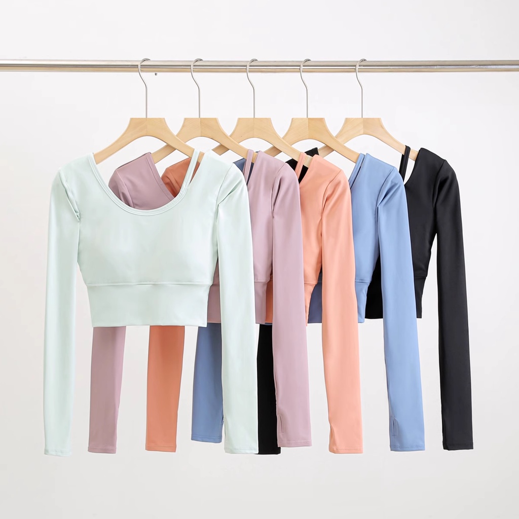 Áo Thun yoga Tay Dài Cổ Chữ u Hở Lưng Quyến Rũ Cho Nữ