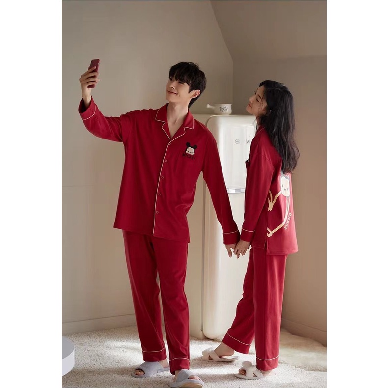 Bộ Đồ Ngủ cotton Tay Dài Màu Đỏ Thời Trang Xuân Thu 2023 Dành Cho Cặp Đôi