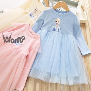 Woma / / đầm công chúa elsa tay dài bằng cotton phối lưới cho bé gái