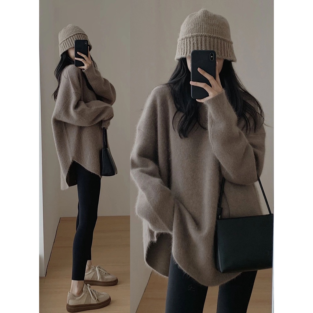 Áo sweater Chui Đầu Xẻ Tà Dài Vừa Phong Cách mushiqi Nhật Bản Cổ Điển Hàng Mới Dành Cho Bạn Nữ