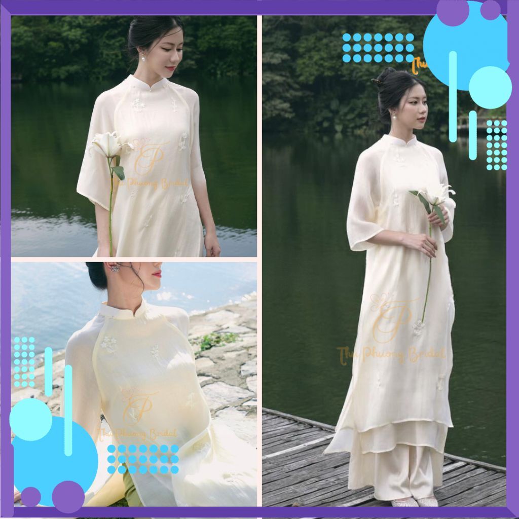 Áo Dài Cách Tân nữ truyền thống  Yên Chi thêu hoa lụa 4 tà may sẵn cao cấp giá xưởng