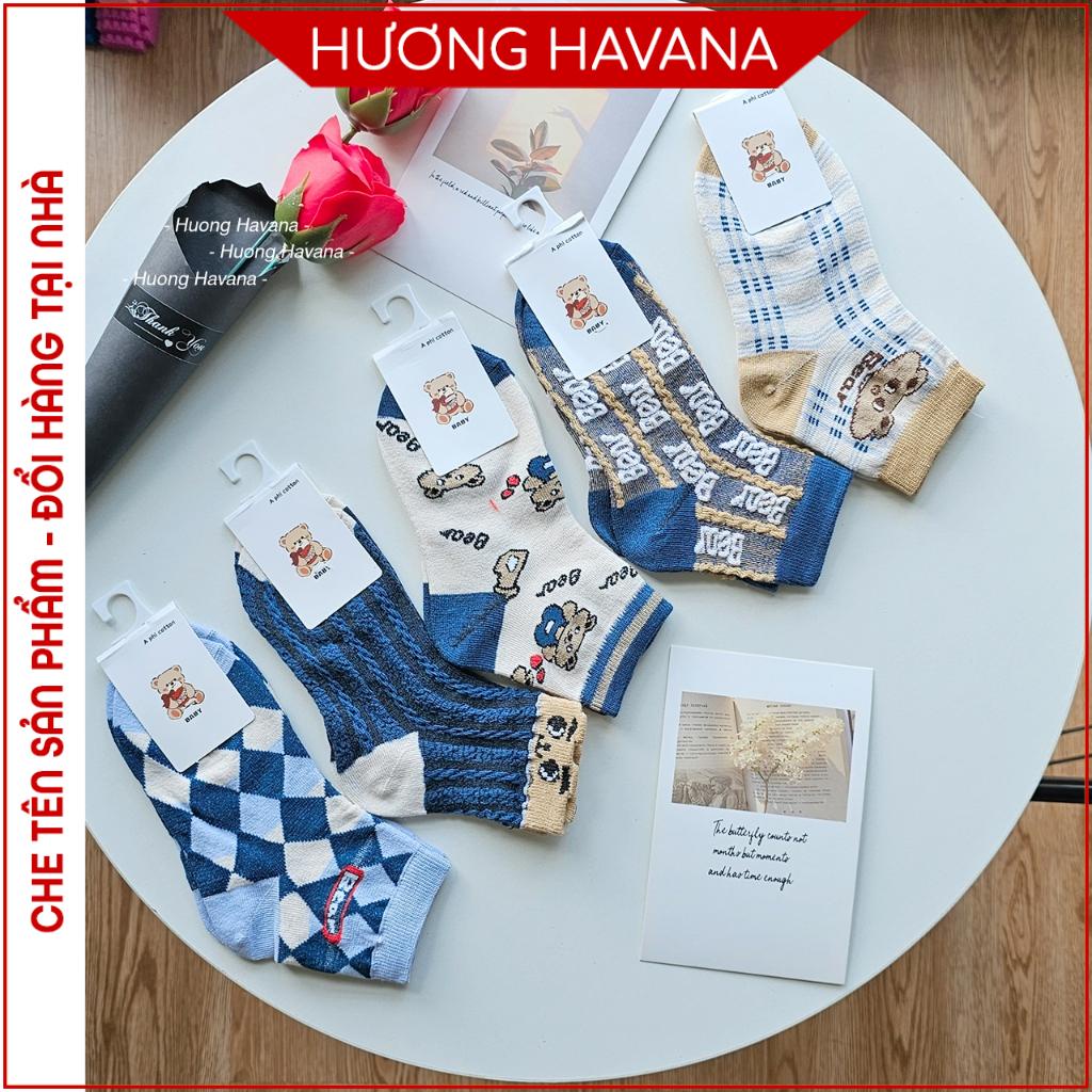 Tất vớ trẻ em cổ ngắn chất cotton cho bé trai bé gái từ 1-4 tuổi, 4-8 tuổi, 8-12 tuổi họa tiết gấu trắng xanh KPT09
