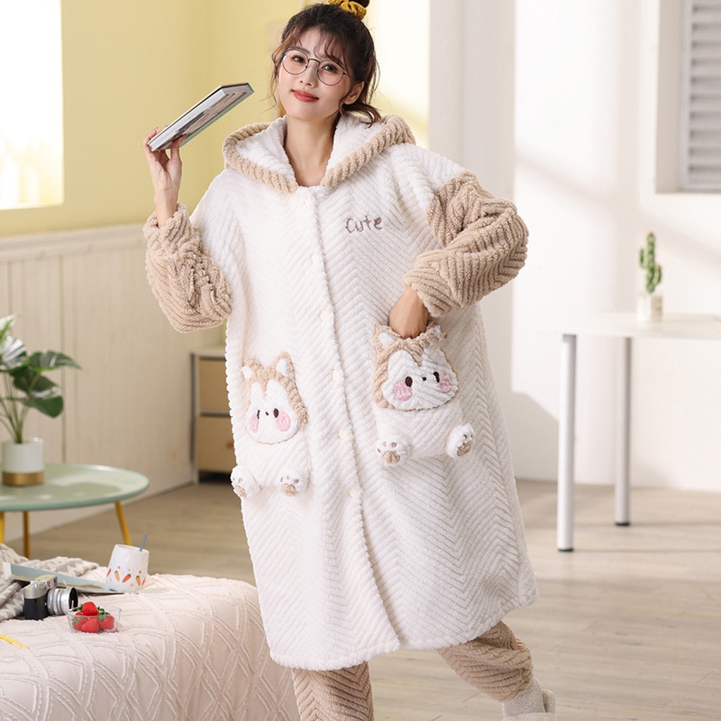 Áo Choàng Ngủ Chất Nhung Dày Dặn Ấm Áp Thời Trang Thu Đông Dễ Thương Cho Nữ