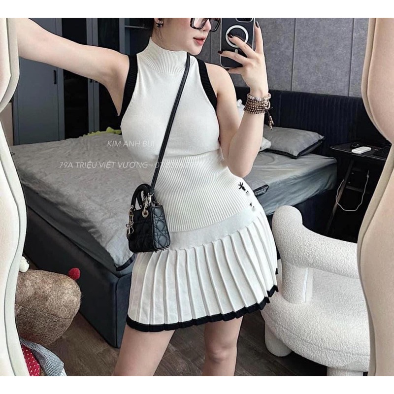 SET ÁO LEN SÁT NÁCH + CHÂN VÁY THÊU ONG  PHONG CÁCH HÀN QUỐC DÀNH CHO NỮ