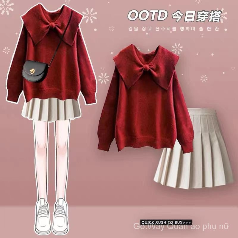 Bộ Áo sweater Đính Nơ Đỏ + Chân Váy Len Xếp Ly Thời Trang Thu Đông Hàng Mới Dành Cho Bạn Nữ