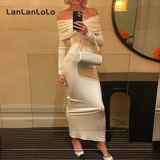 LanLanLo Nữ Màu Trơn Thời Trang Gợi Cảm Rời Vai Dài Tay Lưng Ôm Đầm Dự Tiệc Thường Ngày