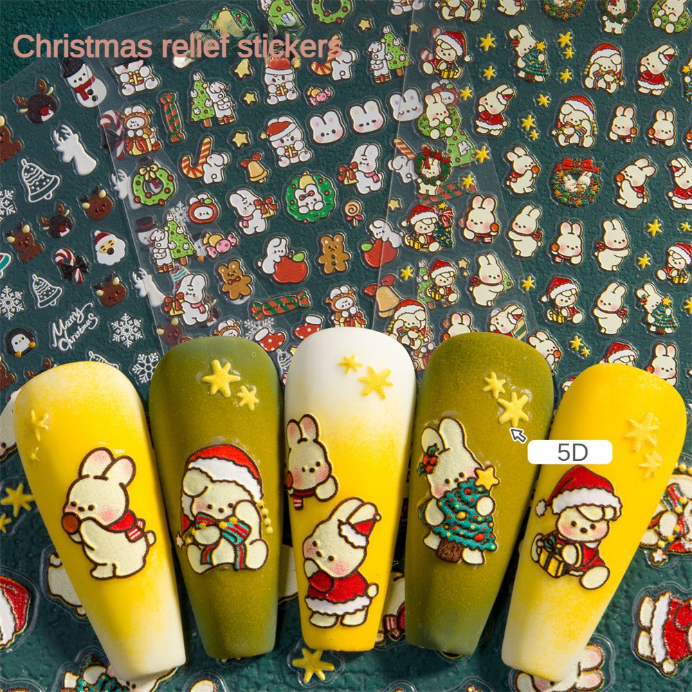 ♕ Nail Art Giáng sinh 5d Relief Nail Sticker Gingerbread Man Nai sừng tấm Nơ Thỏ Dán Tiệc Lễ hội Trang trí móng tay Công cụ làm móng tay cho tiệm nail NỘI THẤT