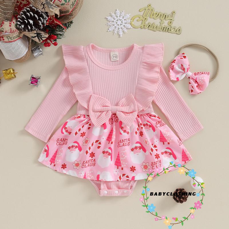 Set 2 Món Đầm Tay Dài + Băng Đô Cài Tóc Phong Cách Giáng Sinh Cho Bé Gái