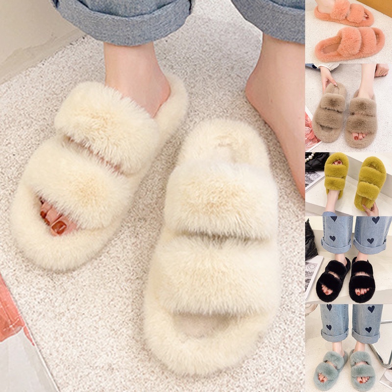 Dép Bông Quai Ngang Phủ Lông Dày Đế Cao 5cm Dễ Thương Thời Trang Mùa Thu Đông