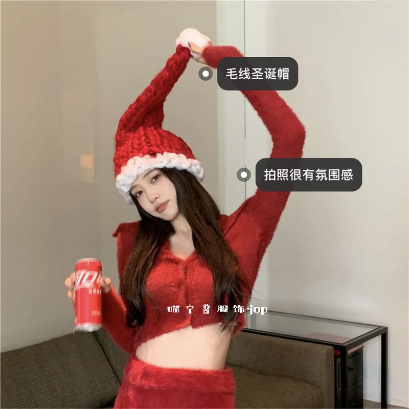 Mũ Len Dệt Kim Dày Dặn Đuôi Dài Phong Cách Cô Bé Quàng Khăn Đỏ Giáng Sinh Cho Nữ