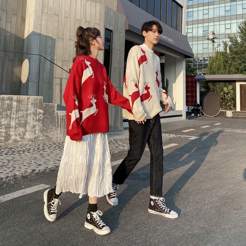 Áo Sweater Len Nam Form Rộng Giáng Sinh In Hình Tuần Lộc Thời Trang Mùa Đông Phong Cách Năm Mới Cho Cặp Đôi