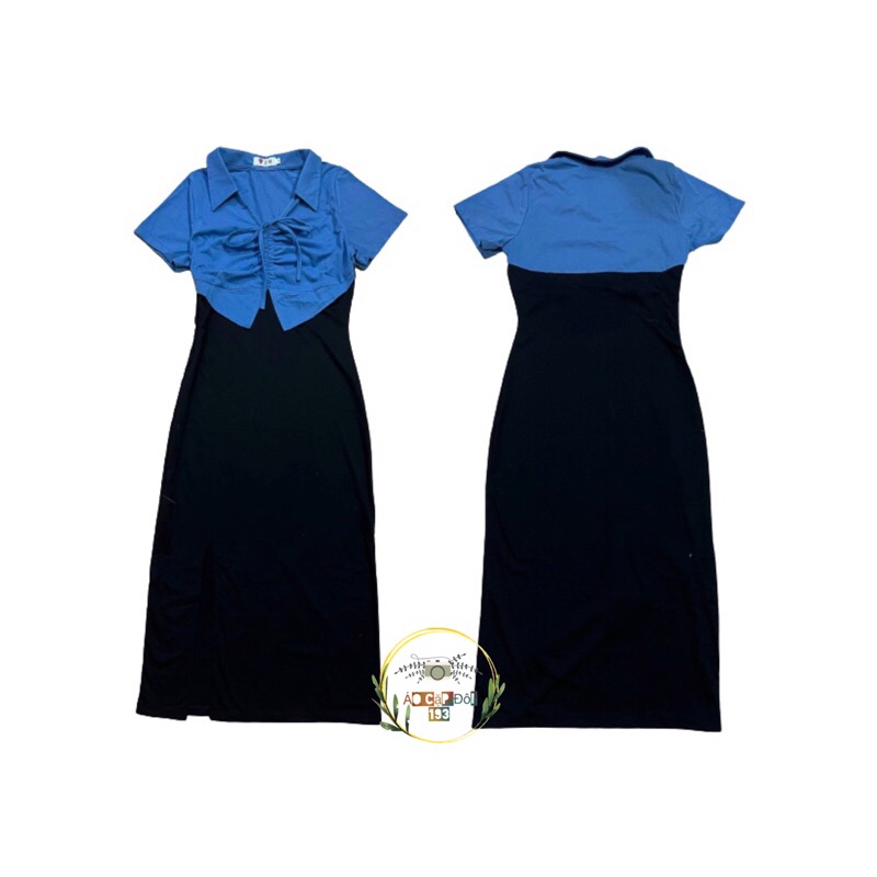 Váy thun đôi nam nữ cổ bẻ rút thun xẻ tà dễ thương xanh navy phối đen