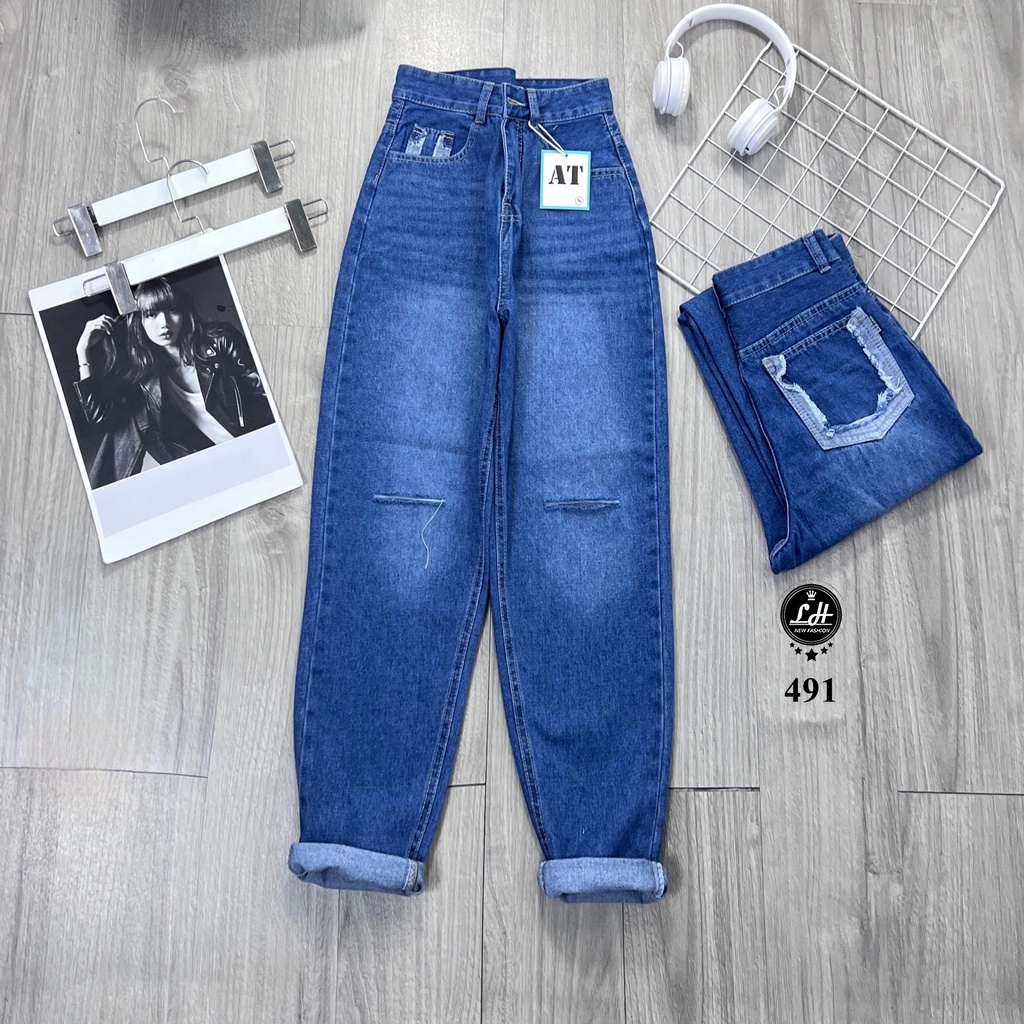 Quần baggy jeans nữ màu xanh cạp cao rách gối chạy viền túi sau Lê Huy Fashion MS 491