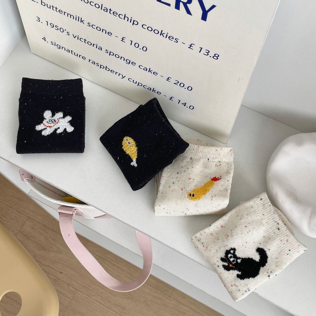 Vớ Màu Trơn Thêu Hình Mèo Ăn Cá Phong Cách Đường Phố Hàn Quốc Dễ Phối Đồ