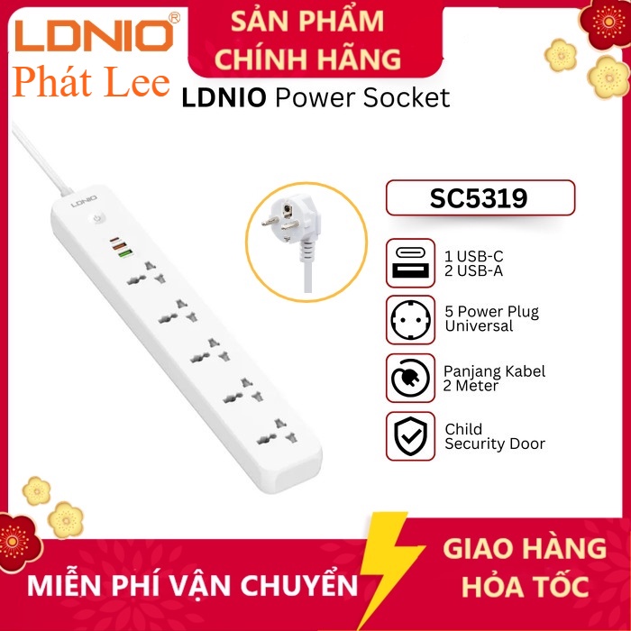 LDNIO SC5319 Sạc nhanh 38W chịu tải 2500W 5 Ổ Cắm Điện, 3 Cổng USB SẠC NHANH Hỗ Trợ PD + QC, Dây Dài 2M