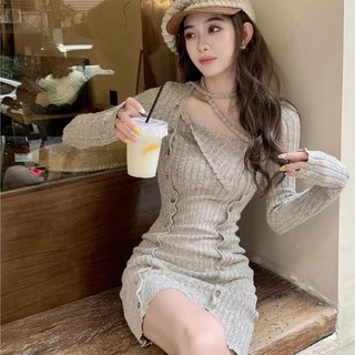 Uiowoo Đầm Ngắn Dáng Ôm Tay Dài Cổ Yếm Màu Trơn Phong Cách Sang Trọng Thời Trang Thu Đông Mới Dành Cho Bạn Nữ