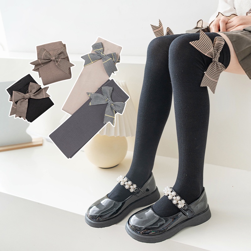 Đôi Vớ cotton Dài Qua Gối Họa Tiết Ca Rô Dễ Thương Dành Cho Bé Gái
