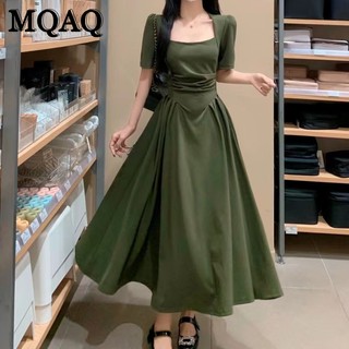 Mqaq Đầm Dài Qua Gối Tay Ngắn Cổ Vuông Dáng Ôm Màu Xanh Lá Kiểu vintage Pháp Thời Trang Mùa Hè