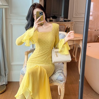 Đầm Đuôi Cá Cổ Vuông Tay Loe Ôm Dáng Phong Cách Pháp Thời Trang Thu Đông Hàng Mới 2023 20911