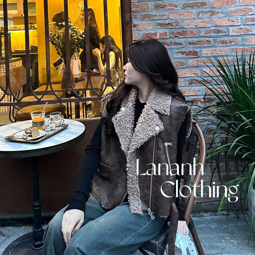 Áo gile DA phối lông cừu QC - túi khoá 1 bên D08 Ảnh thật shop chụp