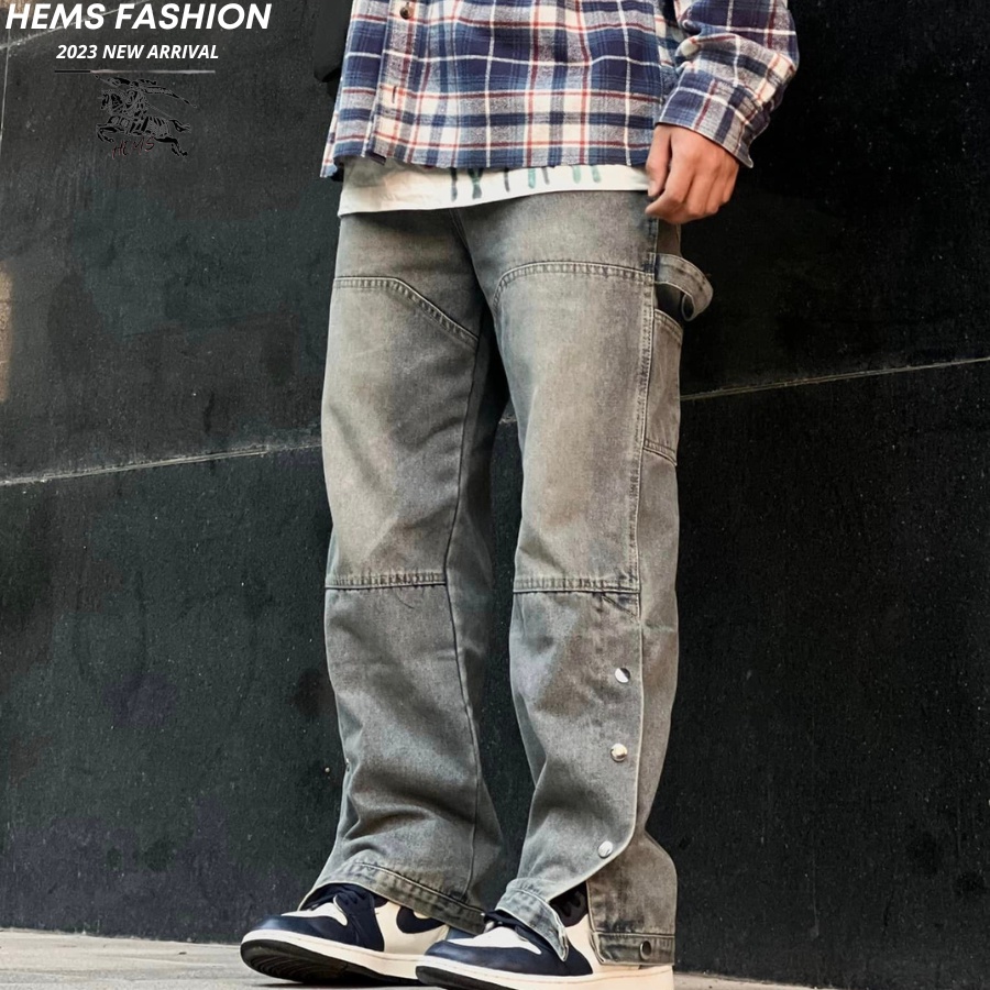 Quần Jean Suông Blue Vintage Unisex , Quần Bò Xanh Ống Rộng Nam Nữ Phối Cúc Gấu Hem Fashion