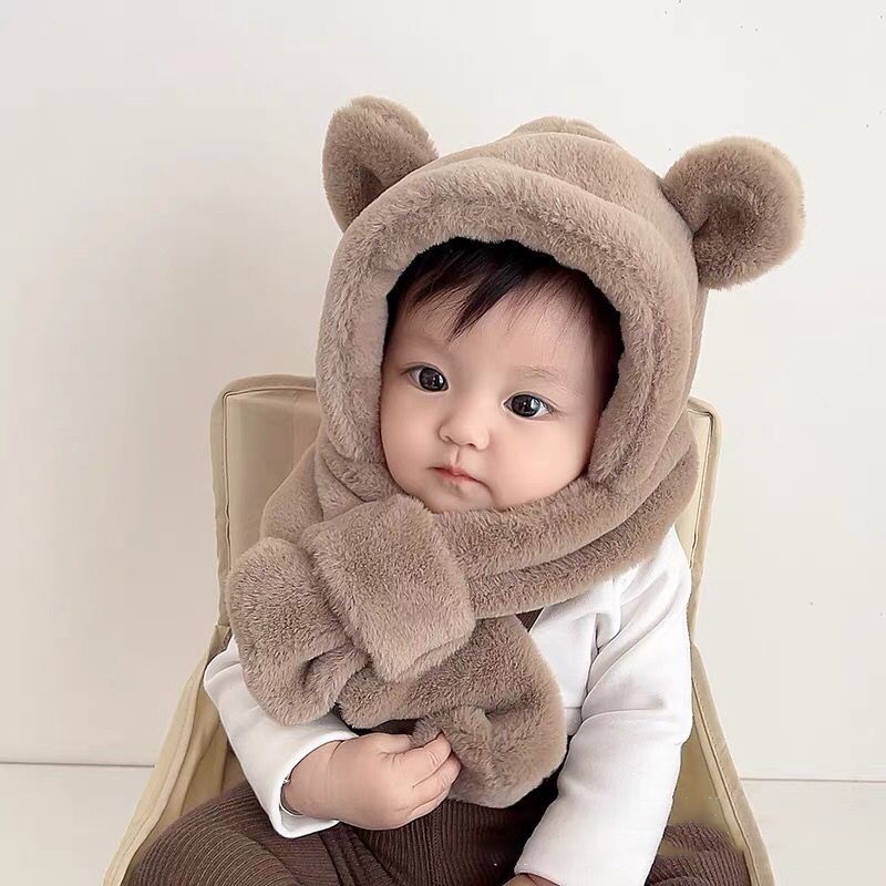 Mũ Trùm Đầu Giữ Ấm Tai Và Khăn Choàng Cổ Phủ Lông Dễ Thương Thời Trang Thu Đông Cho Bé Trai Và Bé Gái