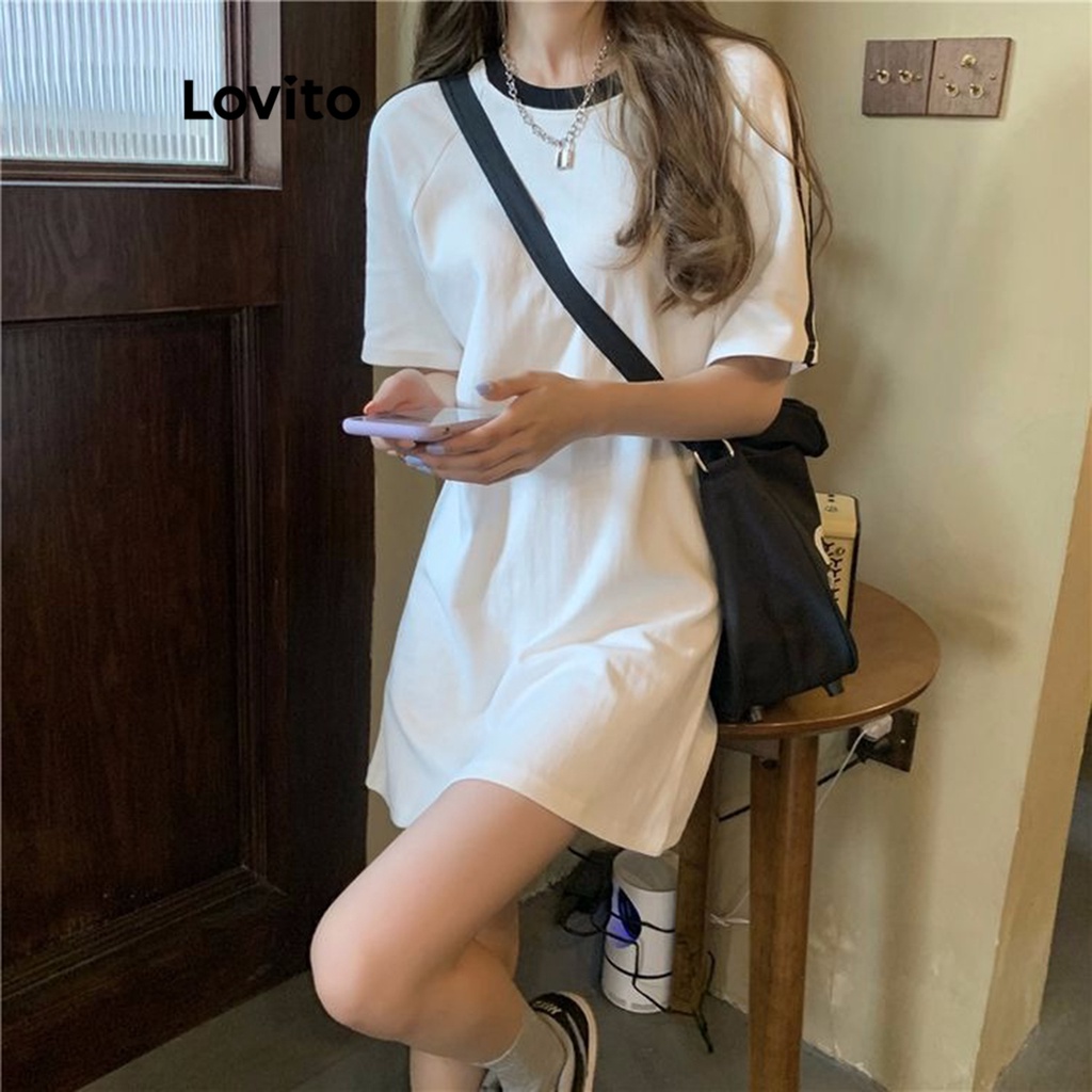 Đầm Lovito màu trơn phối viền tương phản thường ngày cho nữ LNA21113 (màu trắng)